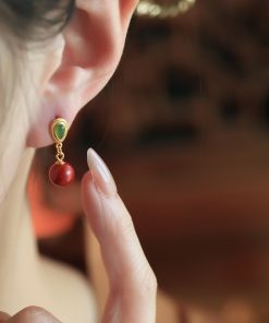 Natural Cinnabar & Hetian Jade Water Drop Earrings for Women - Retro Light Luxury National Style Ear Pendants & Studs