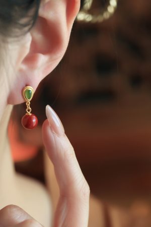 Natural Cinnabar & Hetian Jade Water Drop Earrings for Women - Retro Light Luxury National Style Ear Pendants & Studs
