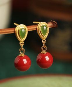 Natural Cinnabar & Hetian Jade Water Drop Earrings for Women - Retro Light Luxury National Style Ear Pendants & Studs