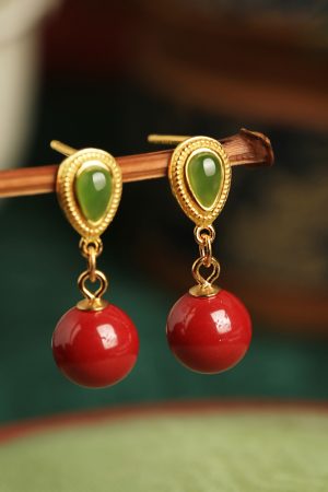 Natural Cinnabar & Hetian Jade Water Drop Earrings for Women - Retro Light Luxury National Style Ear Pendants & Studs
