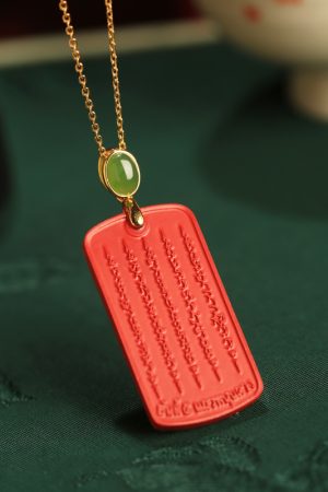 Natural Cinnabar & Pure Silver Amulet Pendant Necklace for Women - Good Luck Wealth Attraction - Zodiac Year Jewelry
