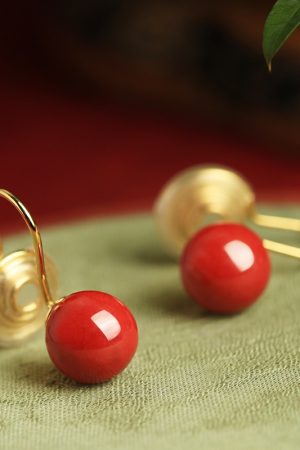 Natural Cinnabar Pure Silver Earrings for Women, Chinese Style Red Retro Ear Clips, Metaphysical Wealth-Enhancing Accessories