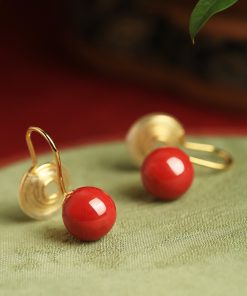 Natural Cinnabar Pure Silver Earrings for Women, Chinese Style Red Retro Ear Clips, Metaphysical Wealth-Enhancing Accessories