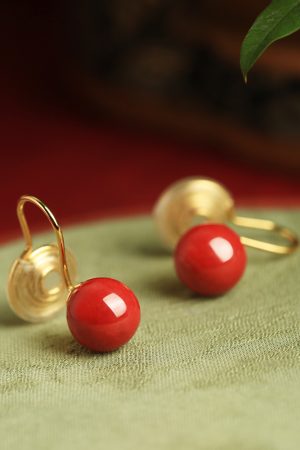 Natural Cinnabar Pure Silver Earrings for Women, Chinese Style Red Retro Ear Clips, Metaphysical Wealth-Enhancing Accessories