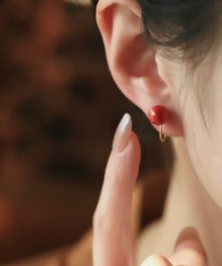 Natural Cinnabar Pure Silver Earrings for Women, Chinese Style Red Retro Ear Clips, Metaphysical Wealth-Enhancing Accessories