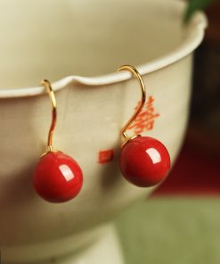 Natural Cinnabar Pure Silver Earrings for Women, Chinese Style Red Retro Ear Clips, Metaphysical Wealth-Enhancing Accessories