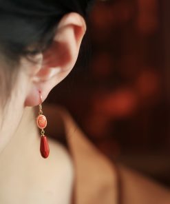 Natural Cinnabar & Pure Silver Good Luck Earrings for Women - Chinese Style Zodiac Year Ear Drops