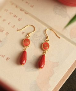 Natural Cinnabar & Pure Silver Good Luck Earrings for Women - Chinese Style Zodiac Year Ear Drops