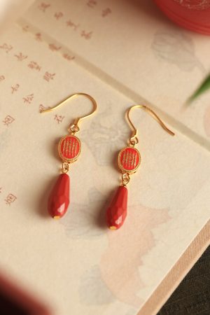 Natural Cinnabar & Pure Silver Good Luck Earrings for Women - Chinese Style Zodiac Year Ear Drops