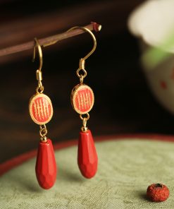 Natural Cinnabar & Pure Silver Good Luck Earrings for Women - Chinese Style Zodiac Year Ear Drops