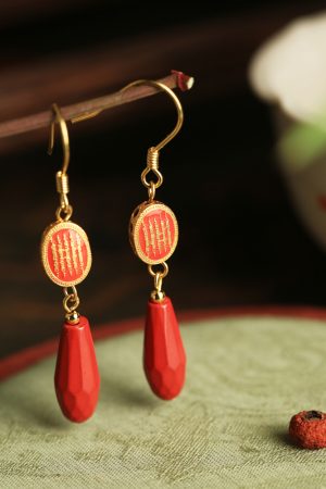 Natural Cinnabar & Pure Silver Good Luck Earrings for Women - Chinese Style Zodiac Year Ear Drops
