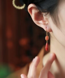 Natural Cinnabar & Pure Silver Good Luck Earrings for Women - Chinese Style Zodiac Year Ear Drops