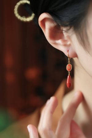 Natural Cinnabar & Pure Silver Good Luck Earrings for Women - Chinese Style Zodiac Year Ear Drops