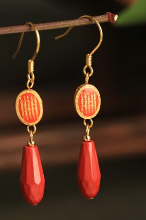 Natural Cinnabar & Pure Silver Good Luck Earrings for Women - Chinese Style Zodiac Year Ear Drops