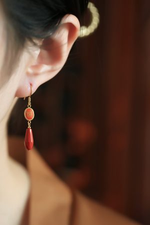 Natural Cinnabar & Pure Silver Good Luck Earrings for Women - Chinese Style Zodiac Year Ear Drops