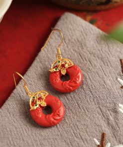 Natural Cinnabar Raw Stone Peace Buckle Earrings for Women - Red Chinese Style Zodiac Year Ear Pendants