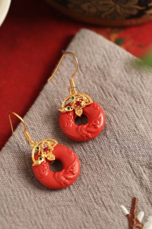 Natural Cinnabar Raw Stone Peace Buckle Earrings for Women - Red Chinese Style Zodiac Year Ear Pendants