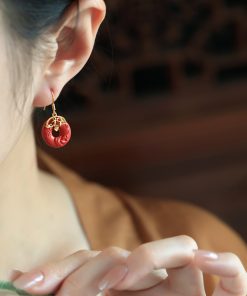 Natural Cinnabar Raw Stone Peace Buckle Earrings for Women - Red Chinese Style Zodiac Year Ear Pendants