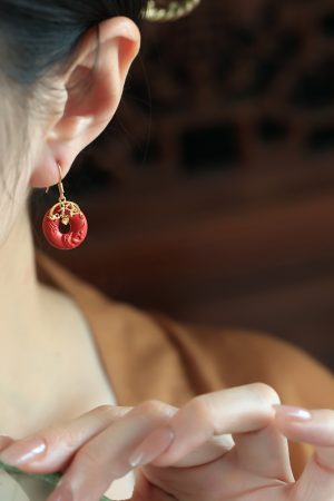Natural Cinnabar Raw Stone Peace Buckle Earrings for Women - Red Chinese Style Zodiac Year Ear Pendants