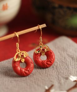 Natural Cinnabar Raw Stone Peace Buckle Earrings for Women - Red Chinese Style Zodiac Year Ear Pendants