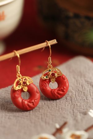 Natural Cinnabar Raw Stone Peace Buckle Earrings for Women - Red Chinese Style Zodiac Year Ear Pendants