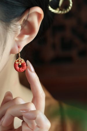 Natural Cinnabar Raw Stone Peace Buckle Earrings for Women - Red Chinese Style Zodiac Year Ear Pendants
