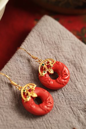 Natural Cinnabar Raw Stone Peace Buckle Earrings for Women - Red Chinese Style Zodiac Year Ear Pendants