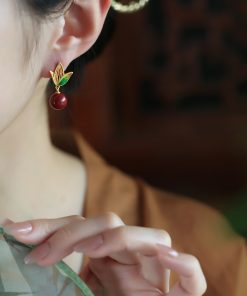 Natural Cinnabar Raw Stone Silver Enamel Bamboo Leaf Earrings for Women - Red Chinese Zodiac Year Drop Earrings