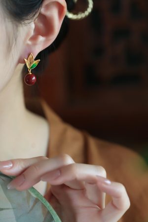 Natural Cinnabar Raw Stone Silver Enamel Bamboo Leaf Earrings for Women - Red Chinese Zodiac Year Drop Earrings