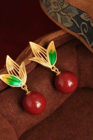 Natural Cinnabar Raw Stone Silver Enamel Bamboo Leaf Earrings for Women - Red Chinese Zodiac Year Drop Earrings