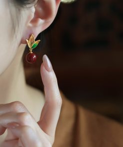 Natural Cinnabar Raw Stone Silver Enamel Bamboo Leaf Earrings for Women - Red Chinese Zodiac Year Drop Earrings
