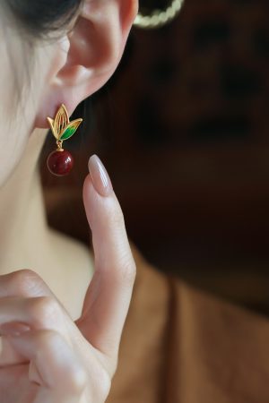 Natural Cinnabar Raw Stone Silver Enamel Bamboo Leaf Earrings for Women - Red Chinese Zodiac Year Drop Earrings
