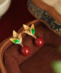 Natural Cinnabar Raw Stone Silver Enamel Bamboo Leaf Earrings for Women - Red Chinese Zodiac Year Drop Earrings