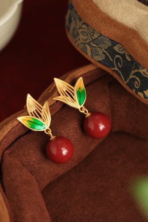 Natural Cinnabar Raw Stone Silver Enamel Bamboo Leaf Earrings for Women - Red Chinese Zodiac Year Drop Earrings