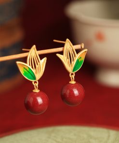 Natural Cinnabar Raw Stone Silver Enamel Bamboo Leaf Earrings for Women - Red Chinese Zodiac Year Drop Earrings