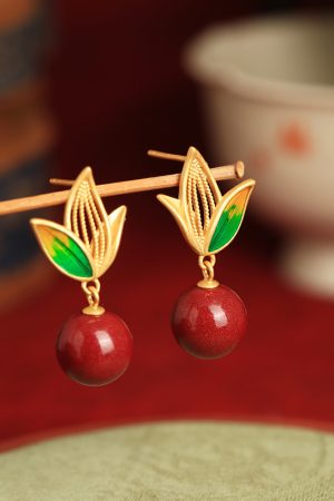 Natural Cinnabar Raw Stone Silver Enamel Bamboo Leaf Earrings for Women - Red Chinese Zodiac Year Drop Earrings