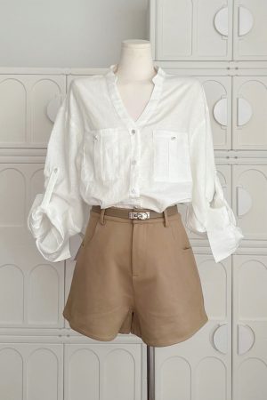 Natural Cotton White Pocket Shirt Set with High Waist Slimming Shorts for Women - Casual Chic Style