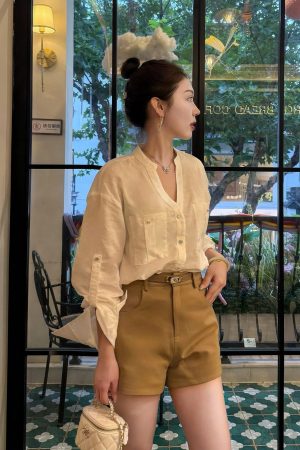 Natural Cotton White Pocket Shirt Set with High Waist Slimming Shorts for Women - Casual Chic Style