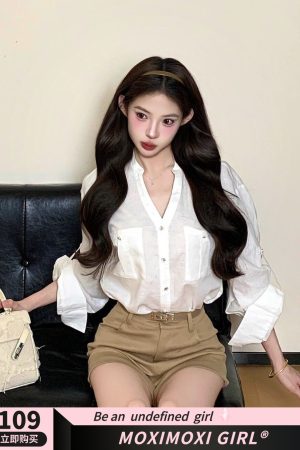Natural Cotton White Pocket Shirt Set with High Waist Slimming Shorts for Women - Casual Chic Style