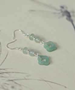 Natural Crystal Dongling Jade Four-Leaf Clover Vintage Drop Earrings in S925 Silver - Women's National Style Jewelry