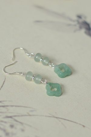Natural Crystal Dongling Jade Four-Leaf Clover Vintage Drop Earrings in S925 Silver - Women's National Style Jewelry