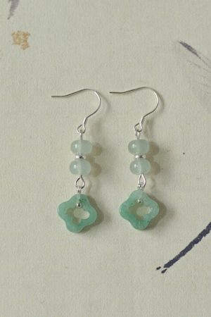 Natural Crystal Dongling Jade Four-Leaf Clover Vintage Drop Earrings in S925 Silver - Women's National Style Jewelry