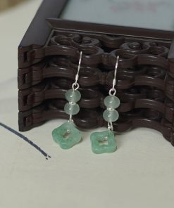 Natural Crystal Dongling Jade Four-Leaf Clover Vintage Drop Earrings in S925 Silver - Women's National Style Jewelry