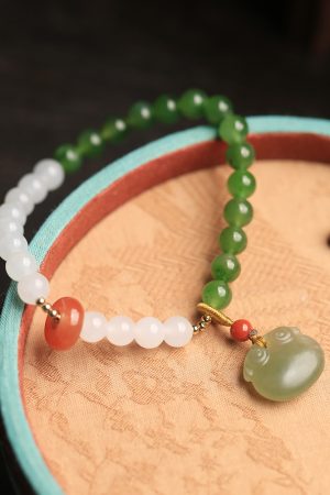 Natural Hetian Jade Bead Bracelet for Women - Summer White & Green Jade, Auspicious Charm, Niche Jewelry, Elegant Accessory