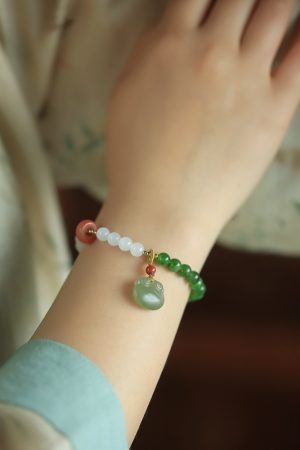 Natural Hetian Jade Bead Bracelet for Women - Summer White & Green Jade, Auspicious Charm, Niche Jewelry, Elegant Accessory