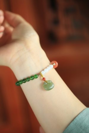 Natural Hetian Jade Bead Bracelet for Women - Summer White & Green Jade, Auspicious Charm, Niche Jewelry, Elegant Accessory