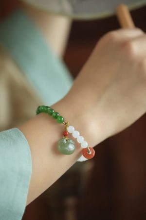 Natural Hetian Jade Bead Bracelet for Women - Summer White & Green Jade, Auspicious Charm, Niche Jewelry, Elegant Accessory