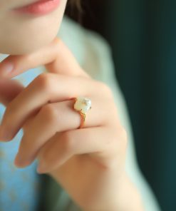 Natural Hetian Jade Four-Leaf Clover Ring for Women - 18K Gold-Plated Luxury Jade Index Finger Ring, Elegant Women's Jewelry