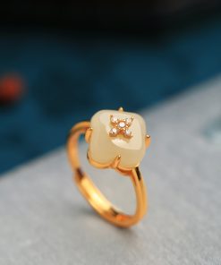 Natural Hetian Jade Four-Leaf Clover Ring for Women - 18K Gold-Plated Luxury Jade Index Finger Ring, Elegant Women's Jewelry