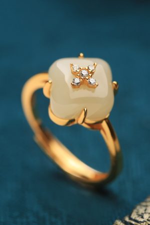 Natural Hetian Jade Four-Leaf Clover Ring for Women - 18K Gold-Plated Luxury Jade Index Finger Ring, Elegant Women's Jewelry